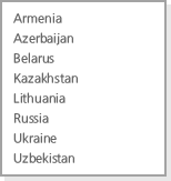 Armenia Azerbaijan Belarus Kazakhstan Lithuania Russia Ukraine Uzbekistan